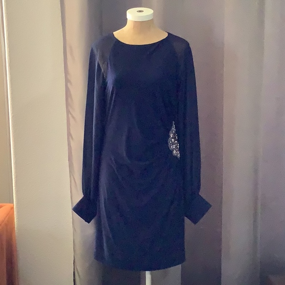 Eliza J Navy Long Sleeve Midi Dress with Sequin Accent